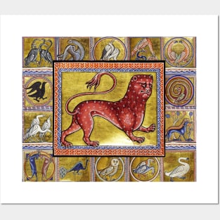 MEDIEVAL BESTIARY,LEOPARD, FANTASTIC ANIMALS IN GOLD RED BLUE COLORS Posters and Art